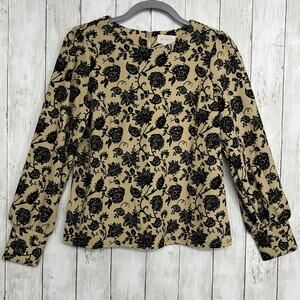 Melloday Brown Black Floral Long Sleeve Zipper Back Blouse Small